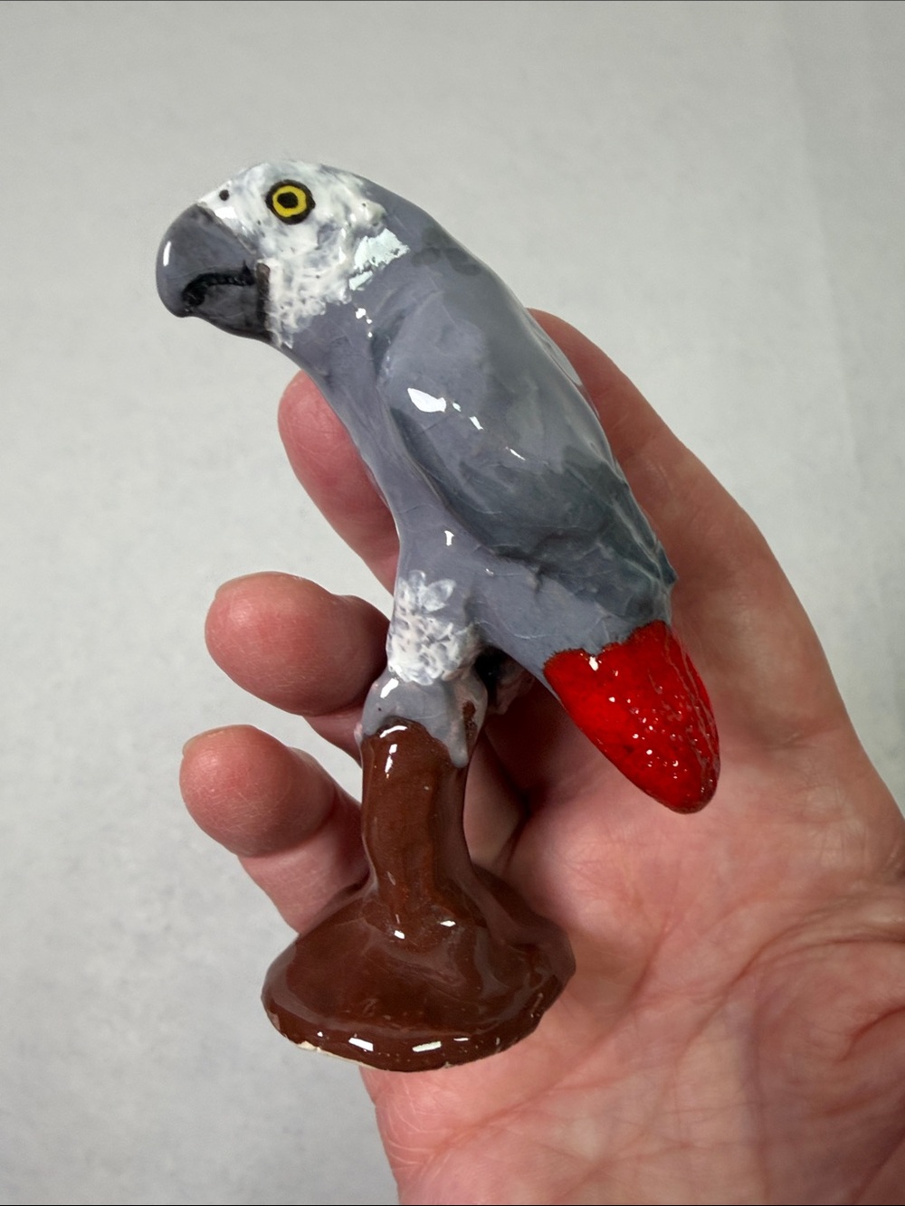 Artisan African Grey Parrot on Perch Signed Pottery Handmade Hand Painted 3.5”